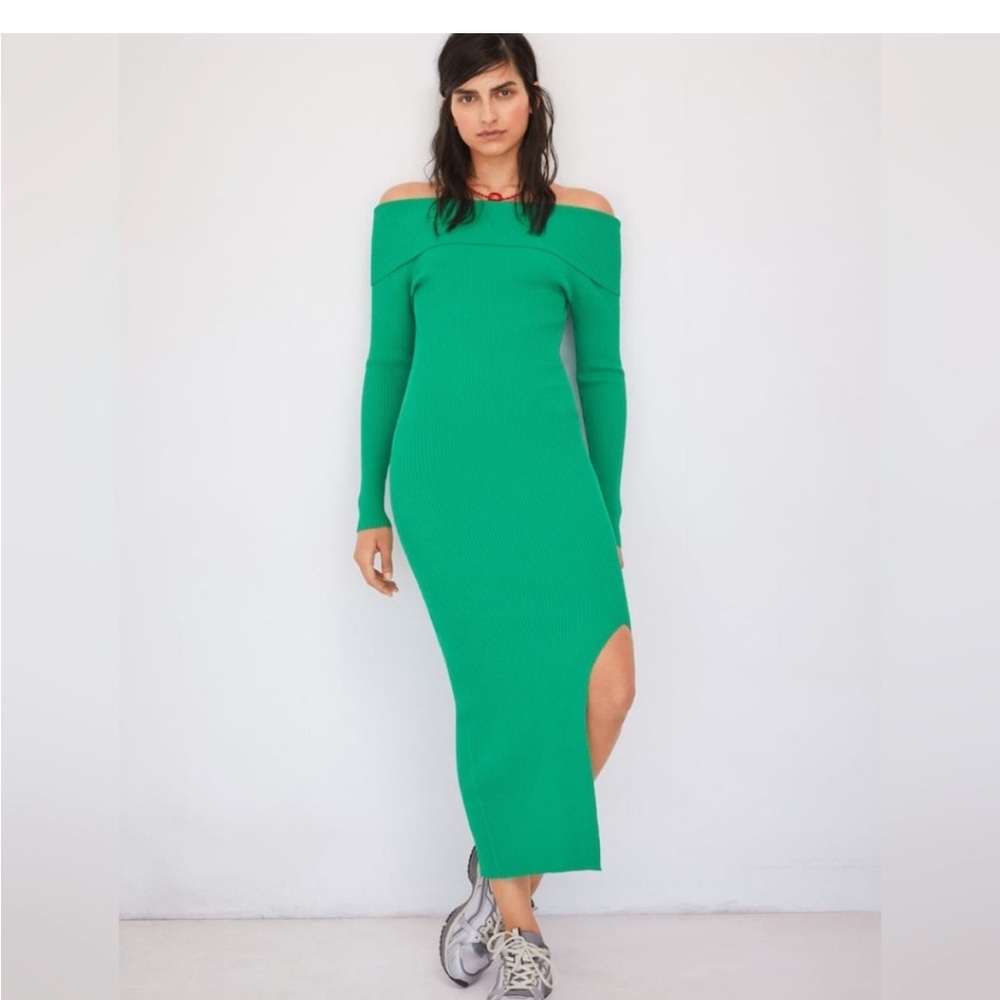 MANGO Ribbed boat-neck green dress